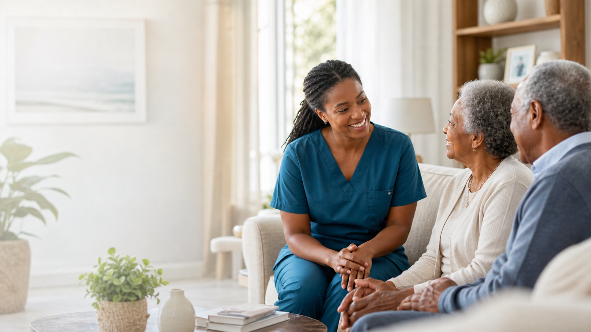 Caregiver speaking with elderly couple at home